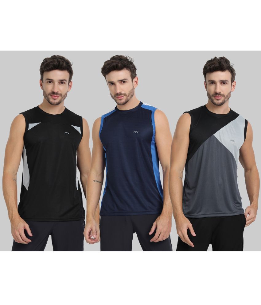     			FTX Polyester Regular Fit Colorblock Sleeveless Men's Round T-Shirt - Melange Grey ( Pack of 3 )