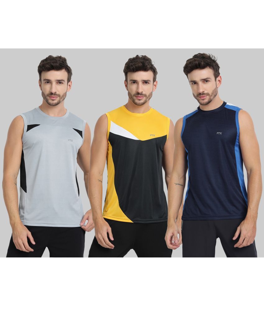     			FTX Polyester Regular Fit Colorblock Sleeveless Men's Round T-Shirt - Navy ( Pack of 3 )