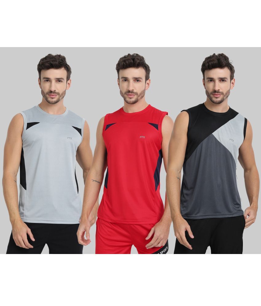     			FTX Polyester Regular Fit Colorblock Sleeveless Men's Round T-Shirt - Dark Grey ( Pack of 3 )