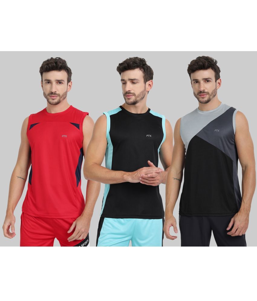     			FTX Polyester Regular Fit Colorblock Sleeveless Men's Round T-Shirt - Grey ( Pack of 3 )