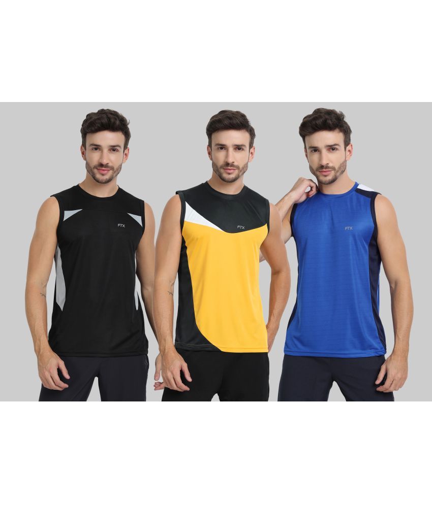     			FTX Polyester Regular Fit Colorblock Sleeveless Men's Round T-Shirt - Gold ( Pack of 3 )