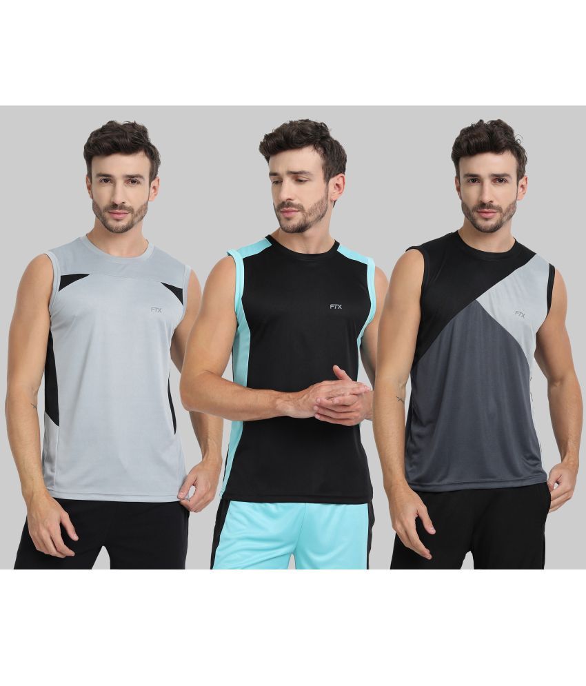     			FTX Polyester Regular Fit Colorblock Sleeveless Men's Round T-Shirt - Dark Grey ( Pack of 3 )