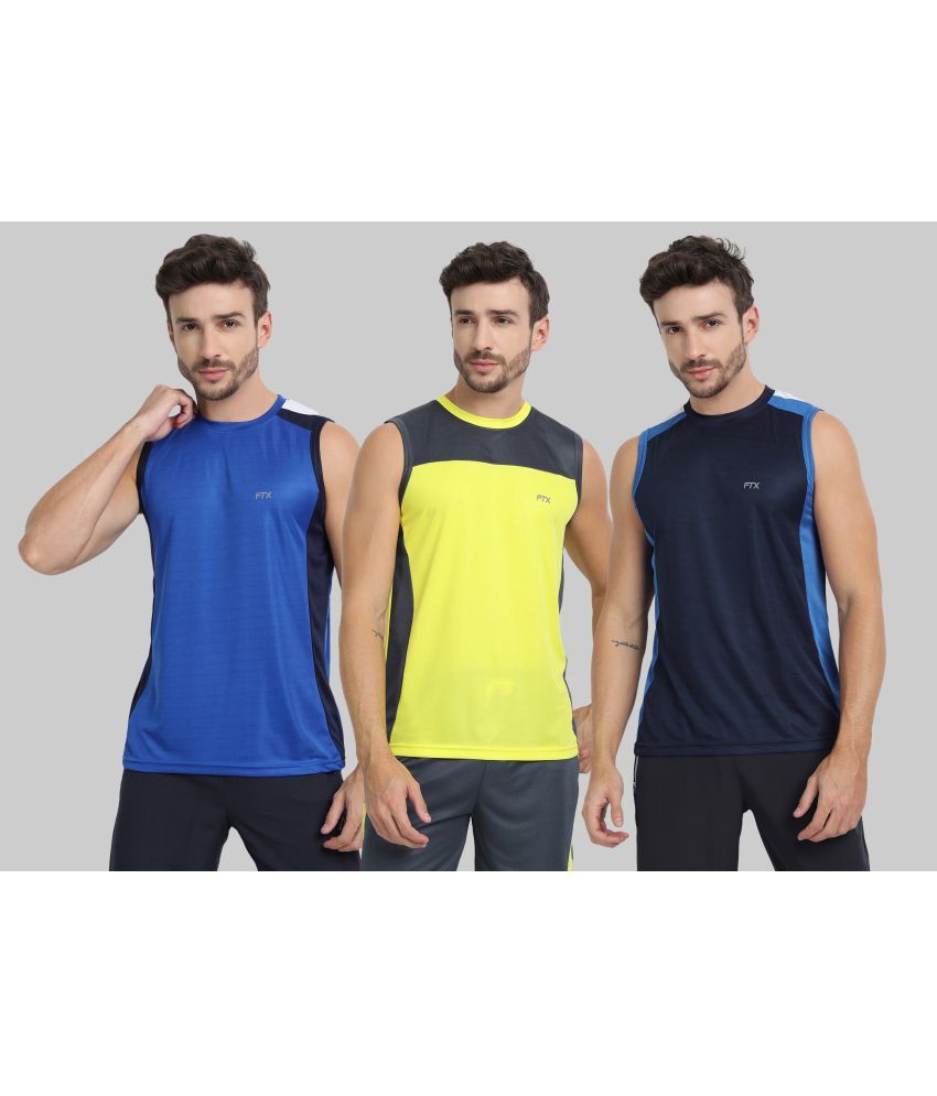     			FTX Polyester Regular Fit Colorblock Sleeveless Men's Round T-Shirt - Melange Blue ( Pack of 3 )