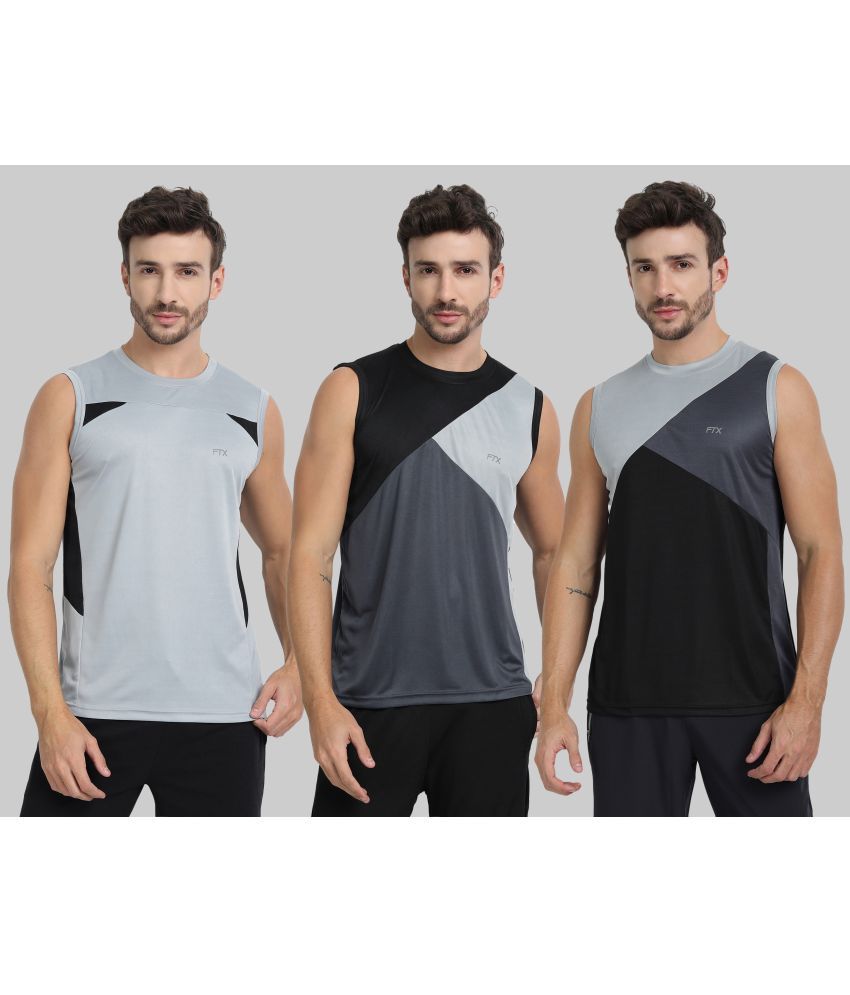     			FTX Polyester Regular Fit Colorblock Sleeveless Men's Round T-Shirt - Grey ( Pack of 3 )