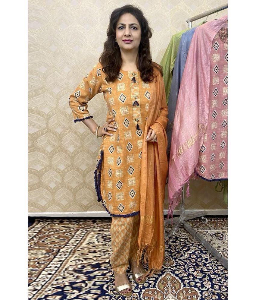     			MAMA STREET Cotton Printed Kurti With Pants Women's Stitched Salwar Suit - Orange ( Pack of 1 )