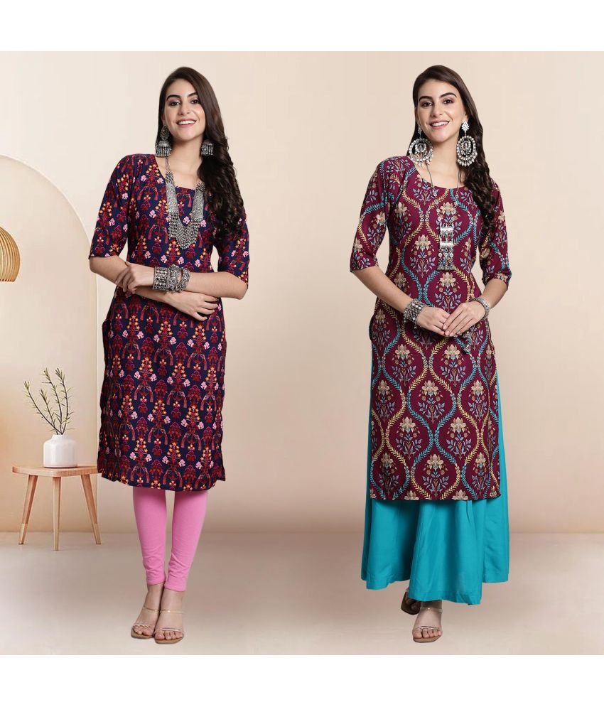     			1 Stop Fashion Pack of 2 Crepe Printed Straight Women's Kurti - ( Multicolor2 )