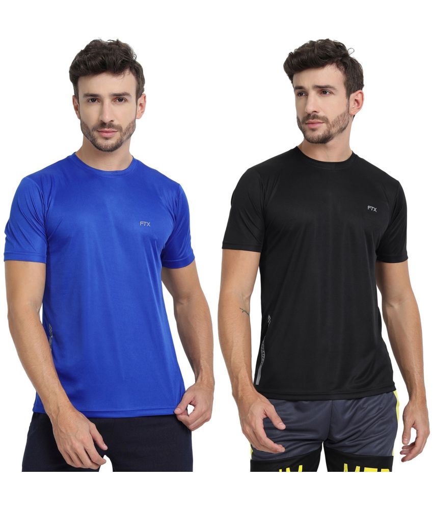     			FTX Polyester Regular Fit Solid Half Sleeves Men's Round T-Shirt - Blue ( Pack of 2 )