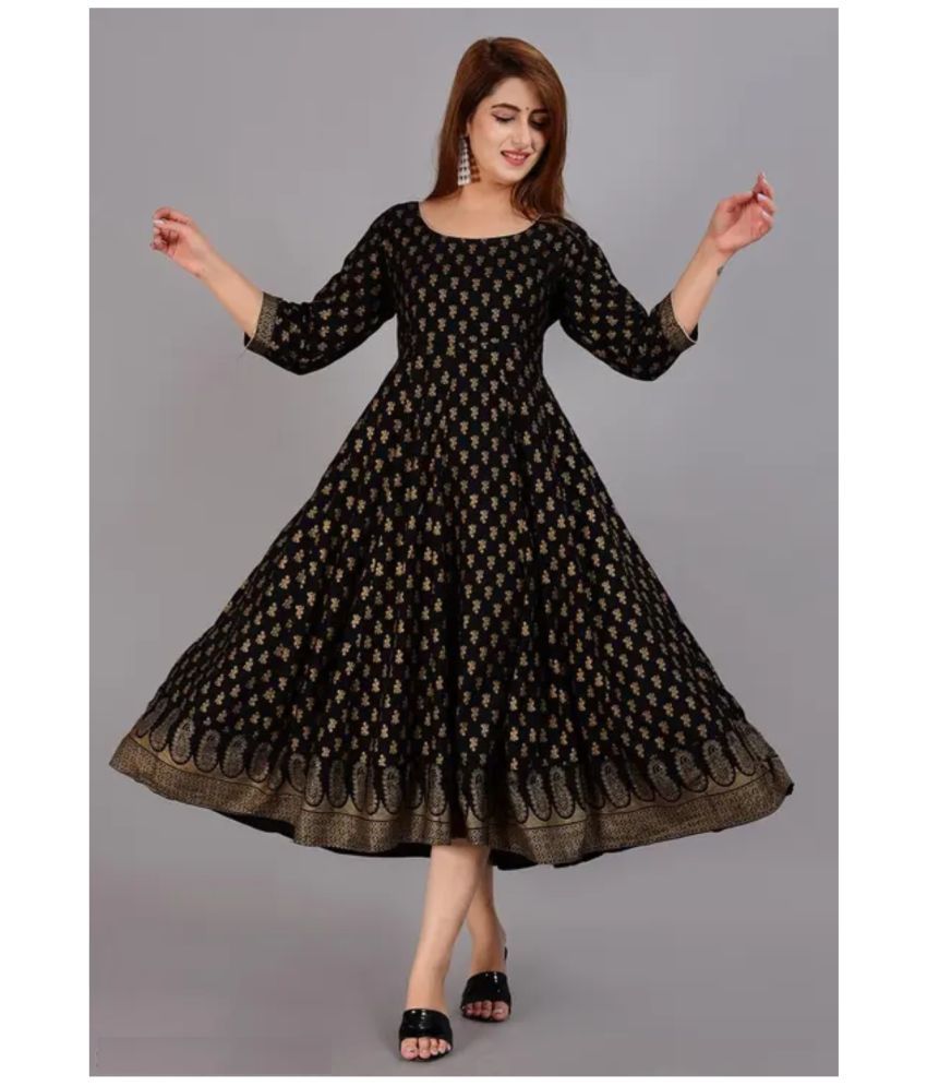     			Gobya Pack of 1 Rayon Printed Anarkali Women's Kurti - ( Black )