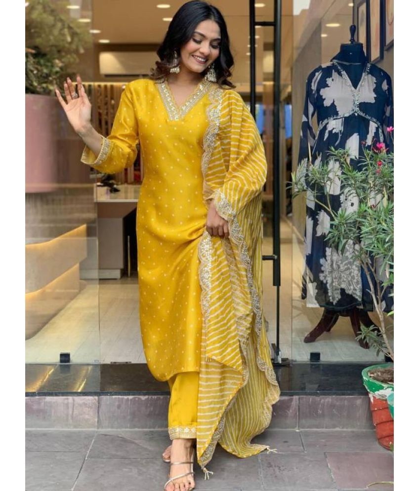     			piludi Chanderi Embellished Kurti With Pants Women's Stitched Salwar Suit - Yellow ( Pack of 1 )