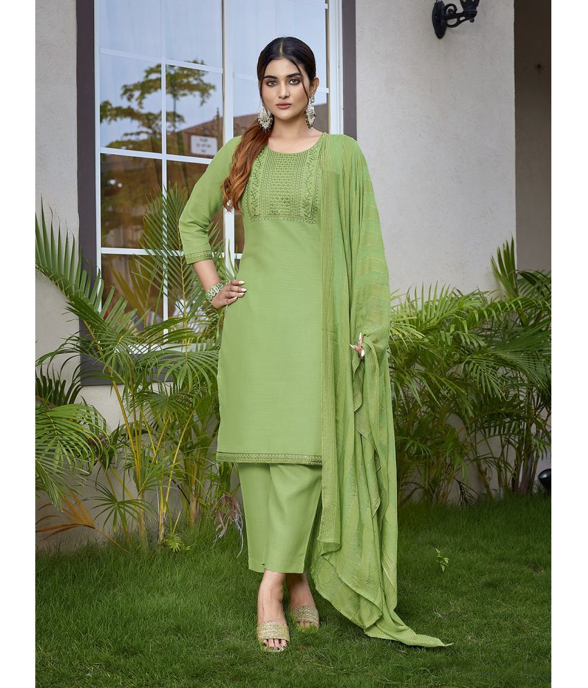     			Royal Export Cotton Blend Embellished Kurti With Pants Women's Stitched Salwar Suit - Light Green ( Pack of 1 )