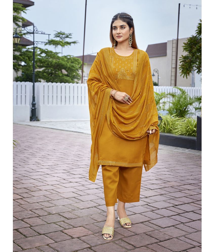     			Royal Export Cotton Blend Embellished Kurti With Pants Women's Stitched Salwar Suit - Yellow ( Pack of 1 )