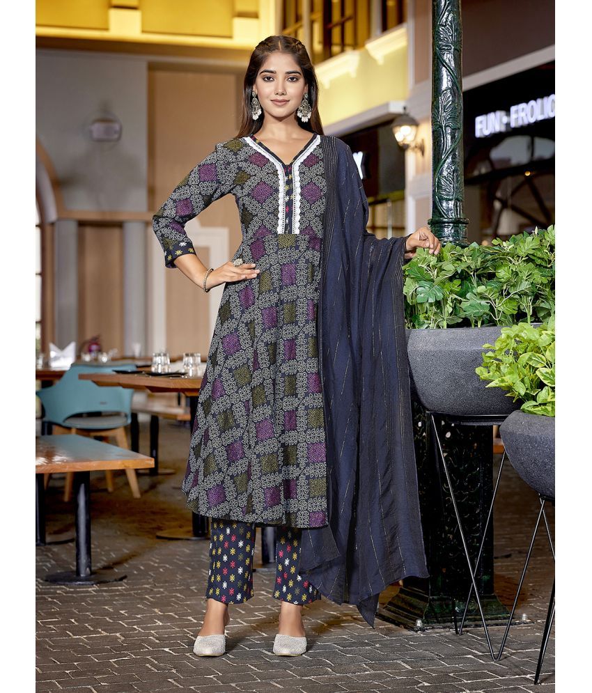     			Royal Export Cotton Blend Printed Kurti With Pants Women's Stitched Salwar Suit - Dark Blue ( Pack of 1 )