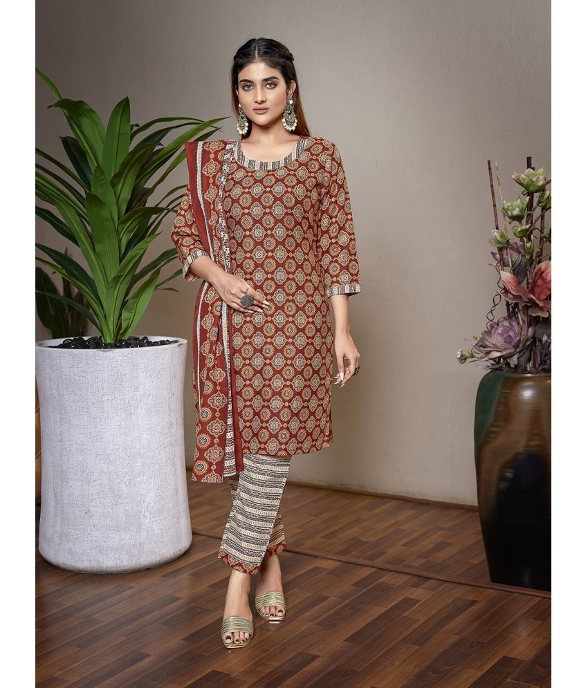     			Royal Export Cotton Blend Printed Kurti With Pants Women's Stitched Salwar Suit - Brown ( Pack of 1 )