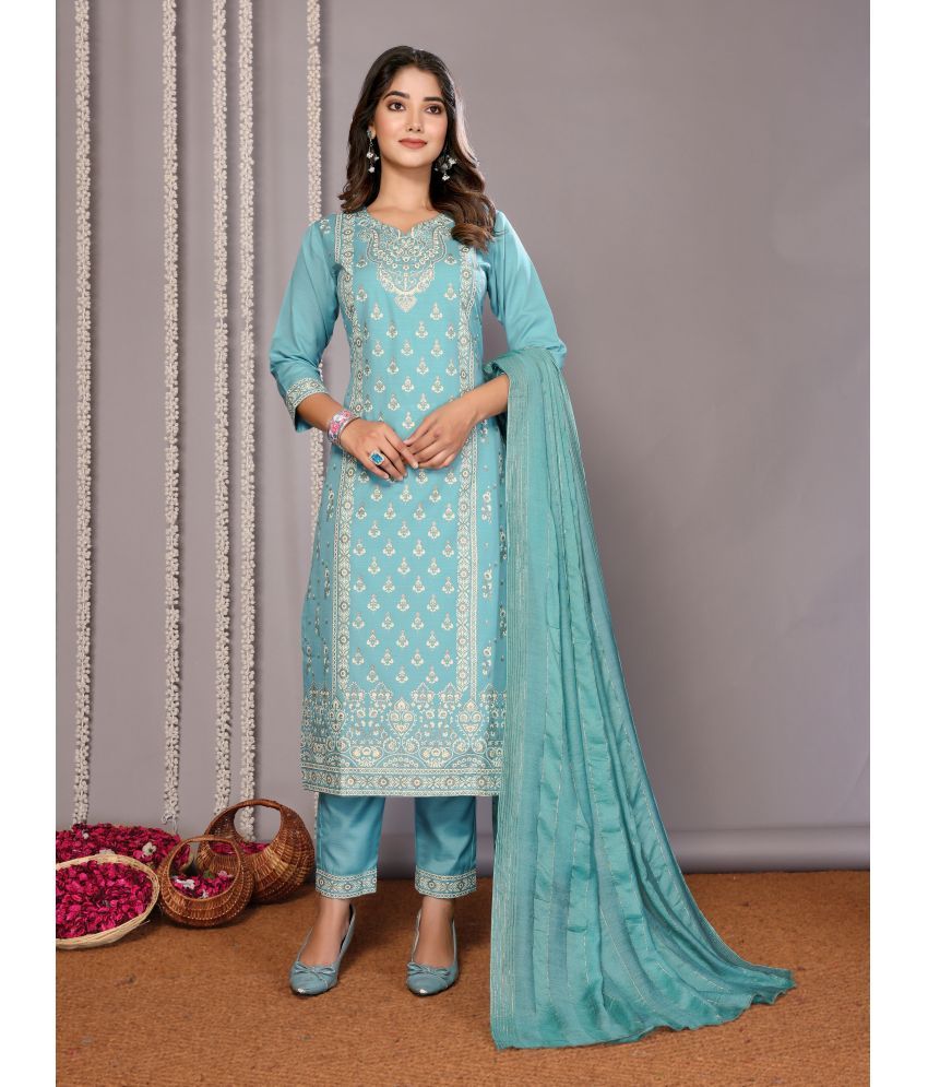     			Royal Export Cotton Blend Printed Kurti With Pants Women's Stitched Salwar Suit - Light Blue ( Pack of 1 )