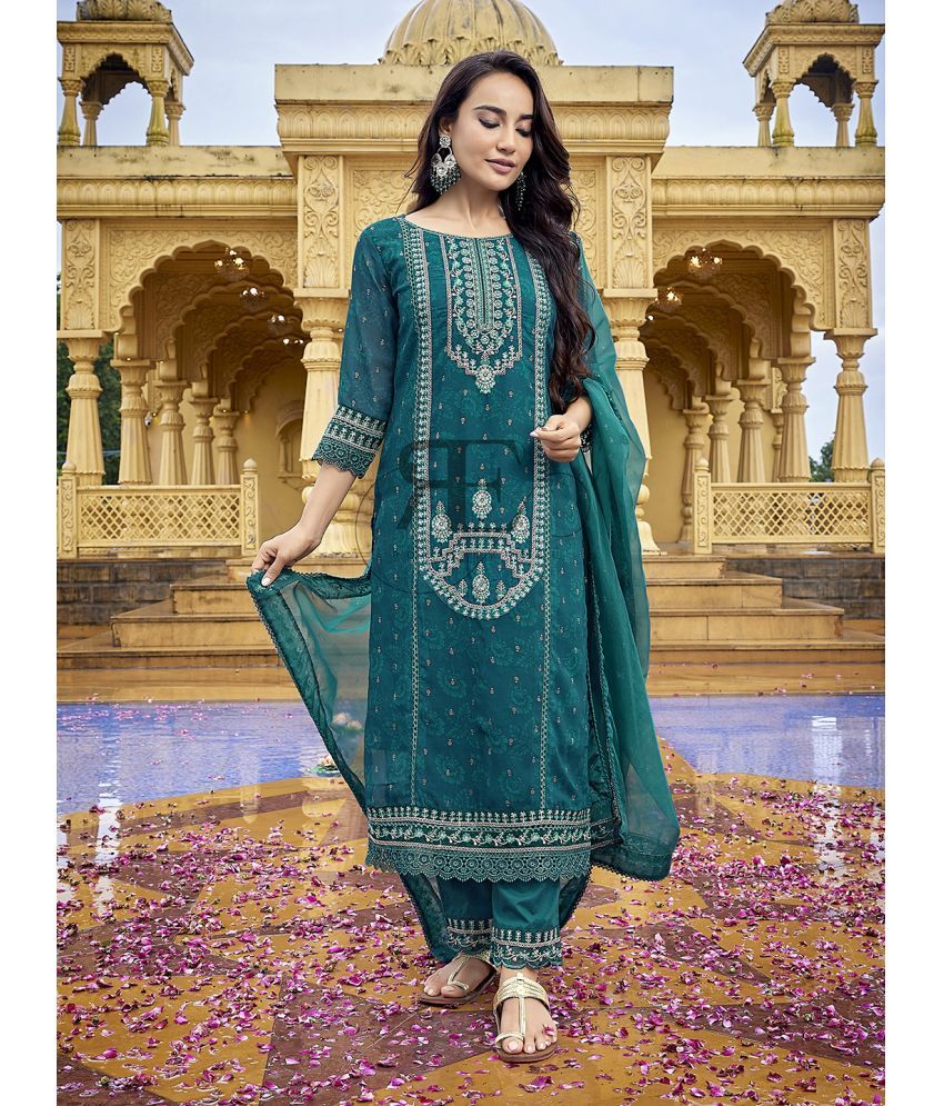     			Royal Export Georgette Embroidered Kurti With Pants Women's Stitched Salwar Suit - Light Green ( Pack of 1 )