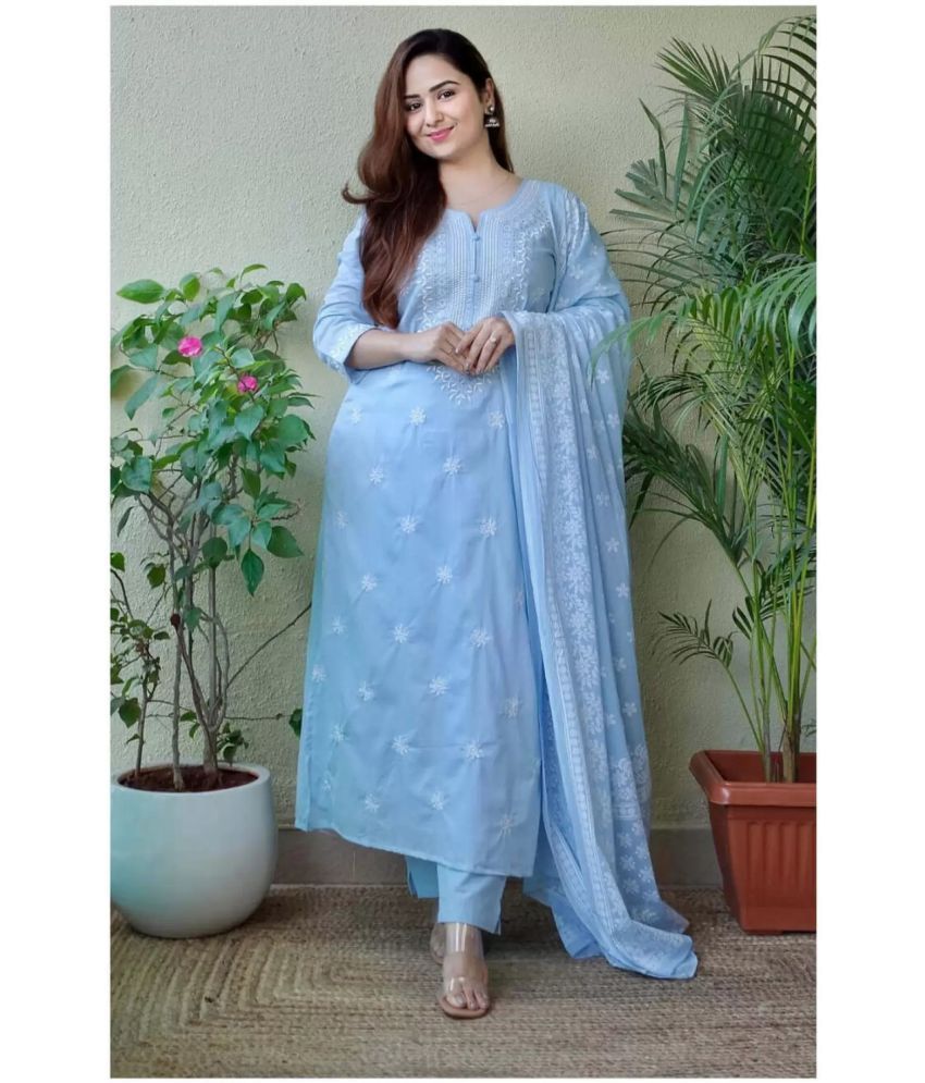     			Royal Export Viscose Embroidered Kurti With Pants Women's Stitched Salwar Suit - Light Blue ( Pack of 1 )