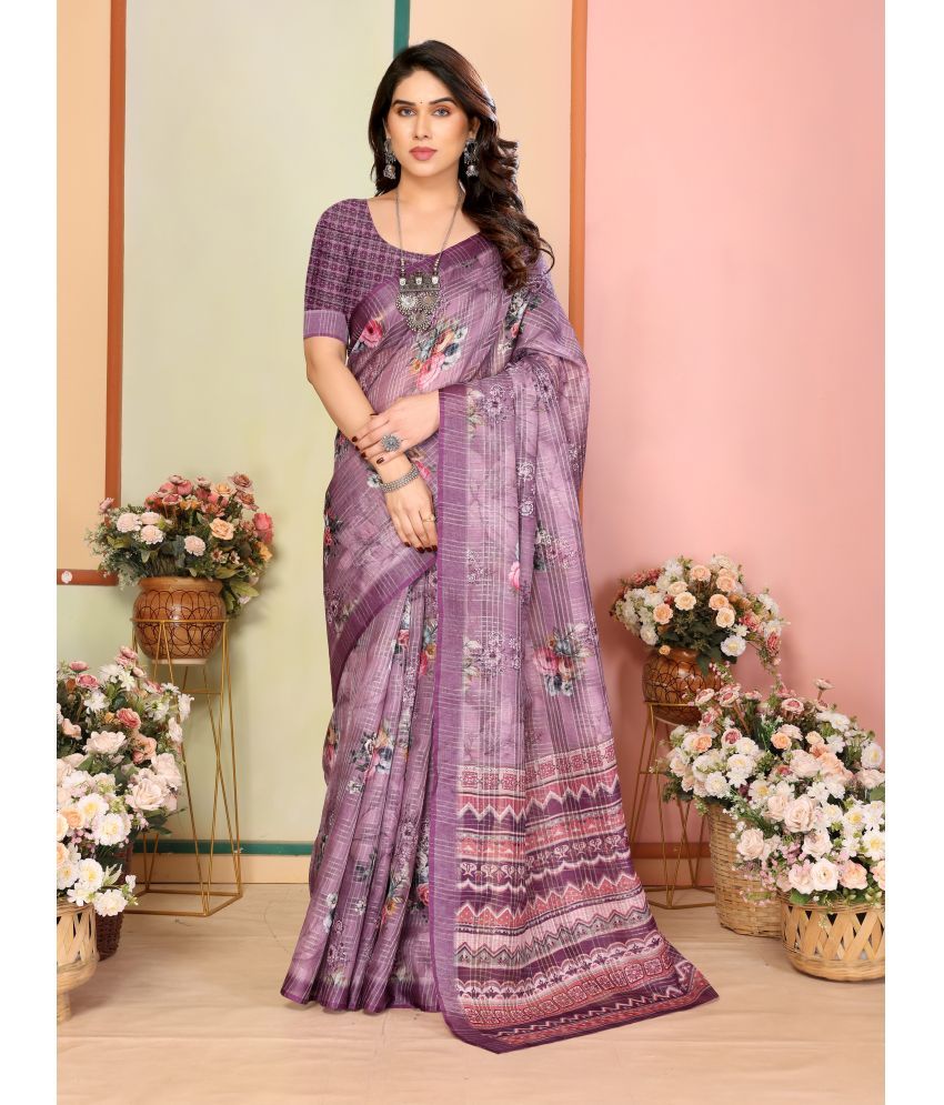     			Sidhidata Pack of 1 Linen Printed Saree With Blouse Piece ( Purple )