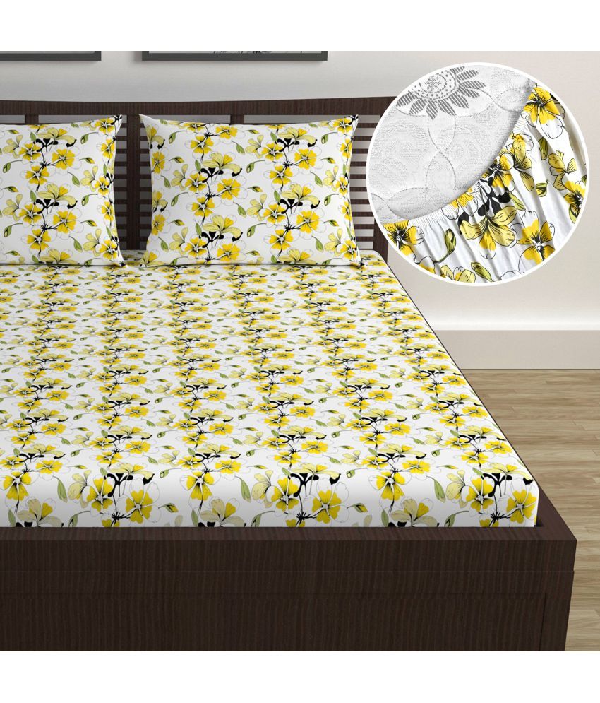     			DIVINE CASA Cotton Floral Fitted Fitted bedsheet with 2 Pillow Covers ( Double Bed ) - Yellow