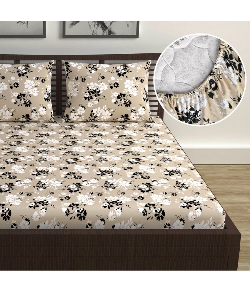     			DIVINE CASA Cotton Floral Fitted Fitted bedsheet with 2 Pillow Covers ( Double Bed ) - Beige