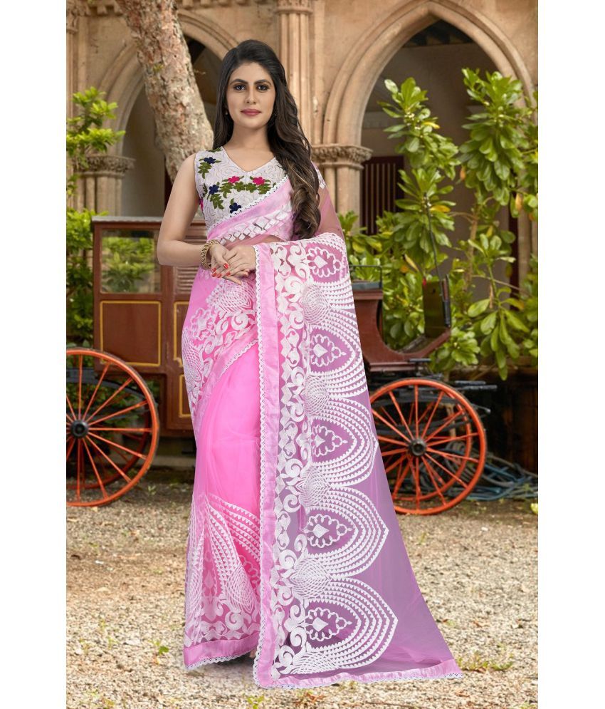     			Gazal Fashions Pack of 1 Net Embroidered Saree With Blouse Piece ( Pink )