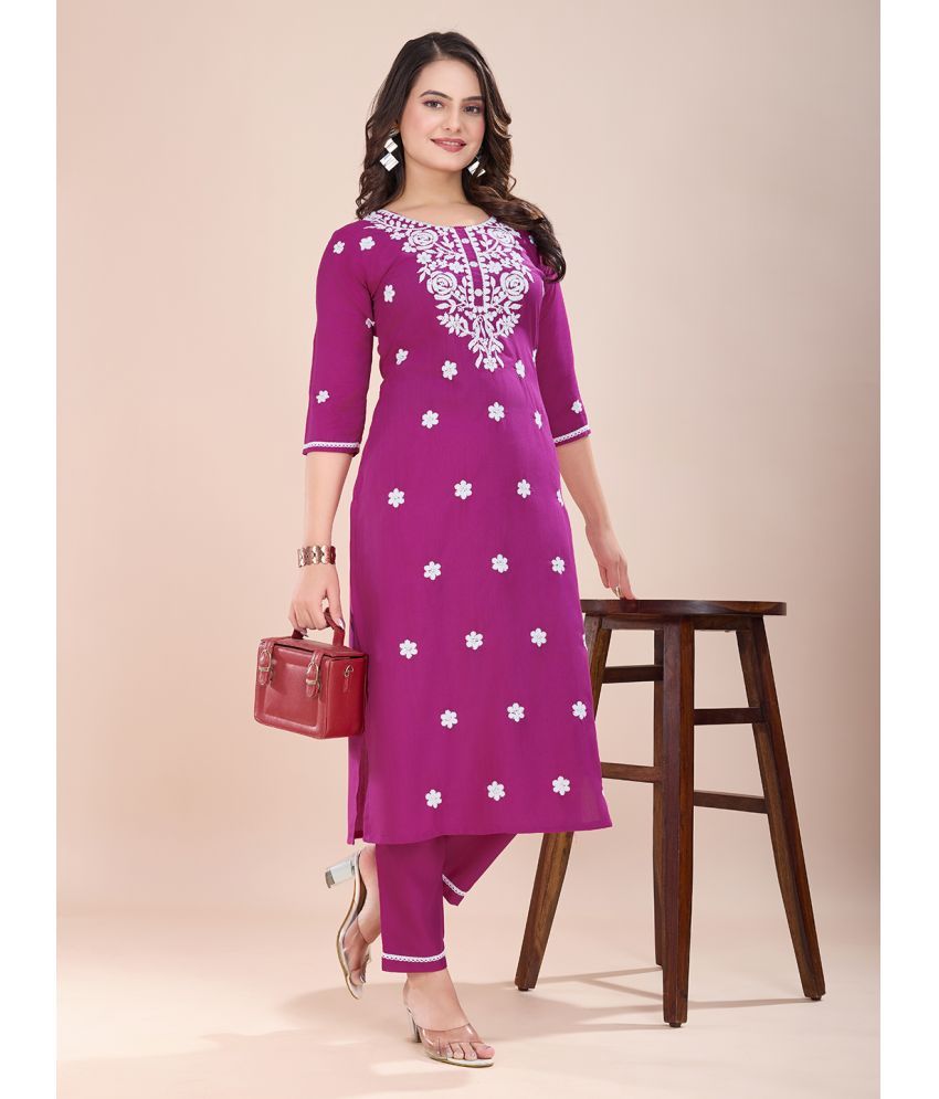     			Parastri Rayon Embroidered Kurti With Pants Women's Stitched Salwar Suit - Pink ( Pack of 1 )