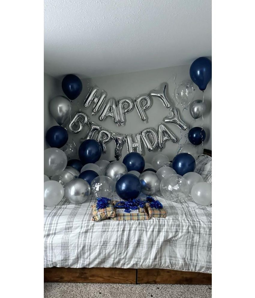     			PartyBooms Happy Birthday Silver Decoration, 5 Confetti Balloons, 15 Silver, 15 White, 15 Blue Metallic Balloons Pack of 51