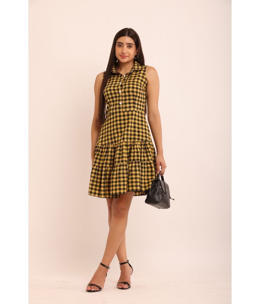     			angad tewatia Cotton Checks Above Knee Women's Fit & Flare Dress - Mustard ( Pack of 1 )