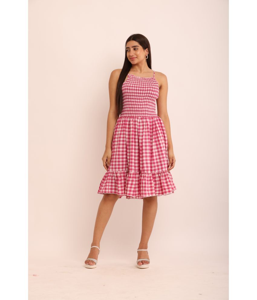     			angad tewatia Cotton Checks Knee Length Women's Fit & Flare Dress - Pink ( Pack of 1 )