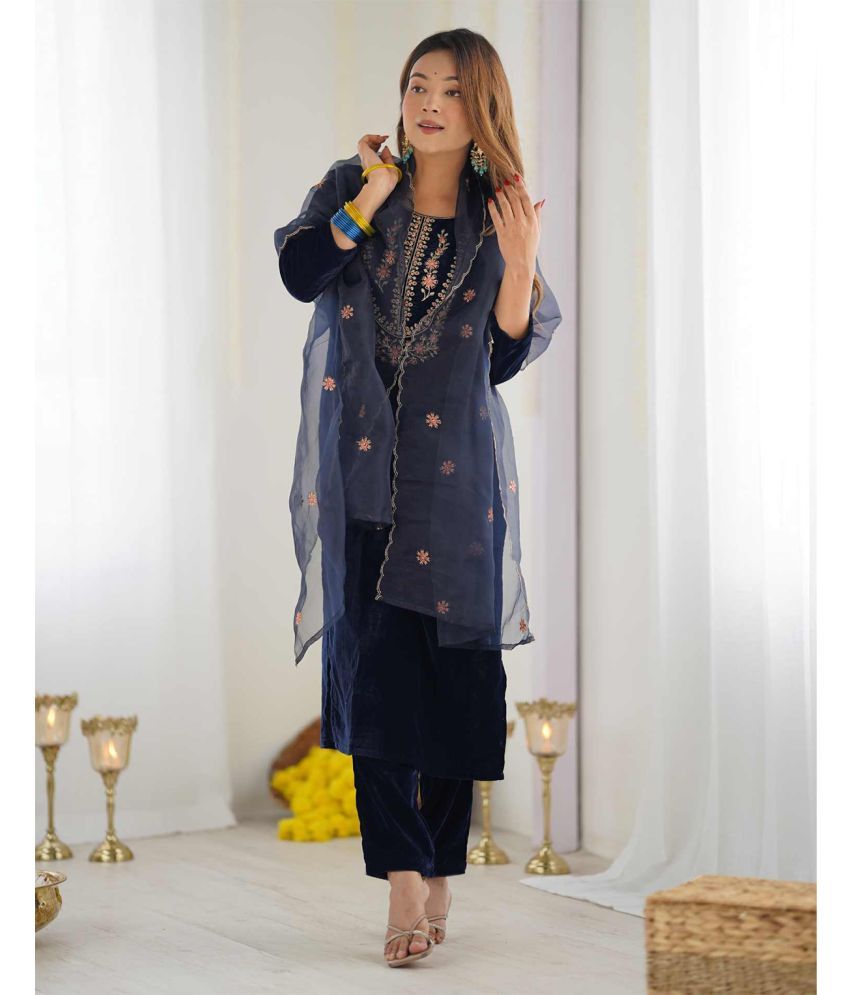     			Trijal Fab Velvet Embroidered Kurti With Pants Women's Stitched Salwar Suit - Navy Blue ( Pack of 1 )