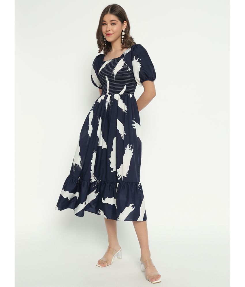     			RAIYANI FASHION Polyester Printed Calf-Length Women's Fit & Flare Dress - Navy Blue ( Pack of 1 )