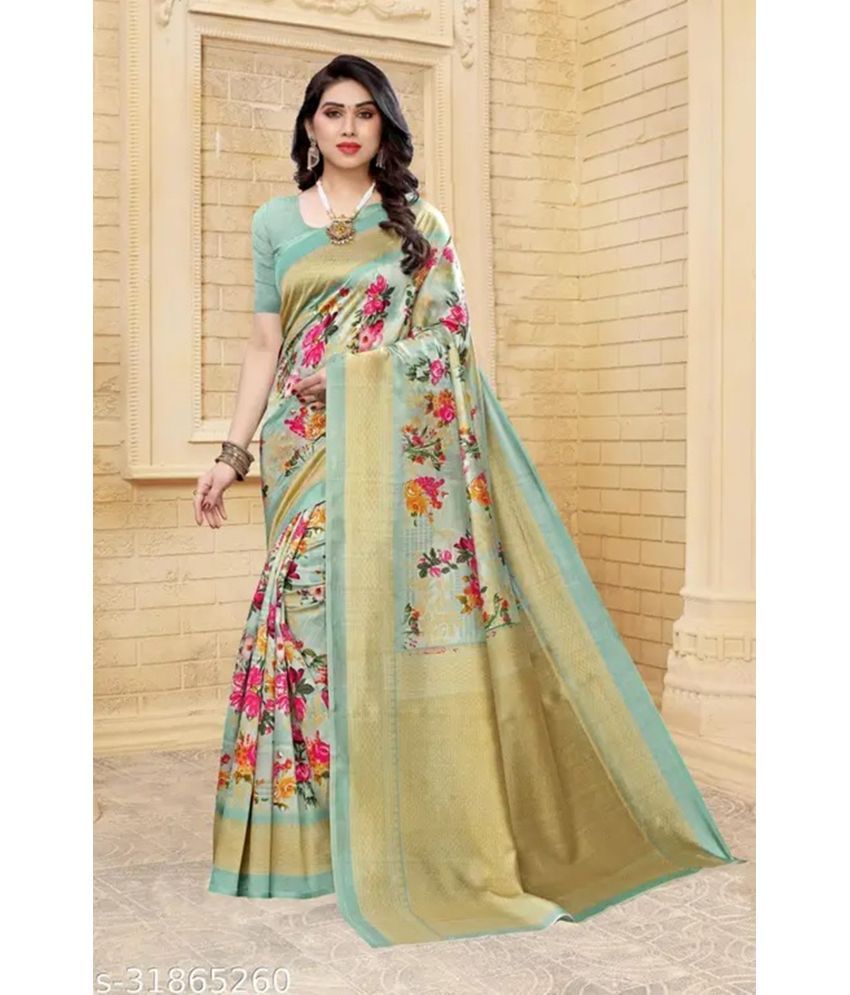     			Grubstaker Art Silk Printed Saree With Blouse Piece ( Green , Pack of 1 )