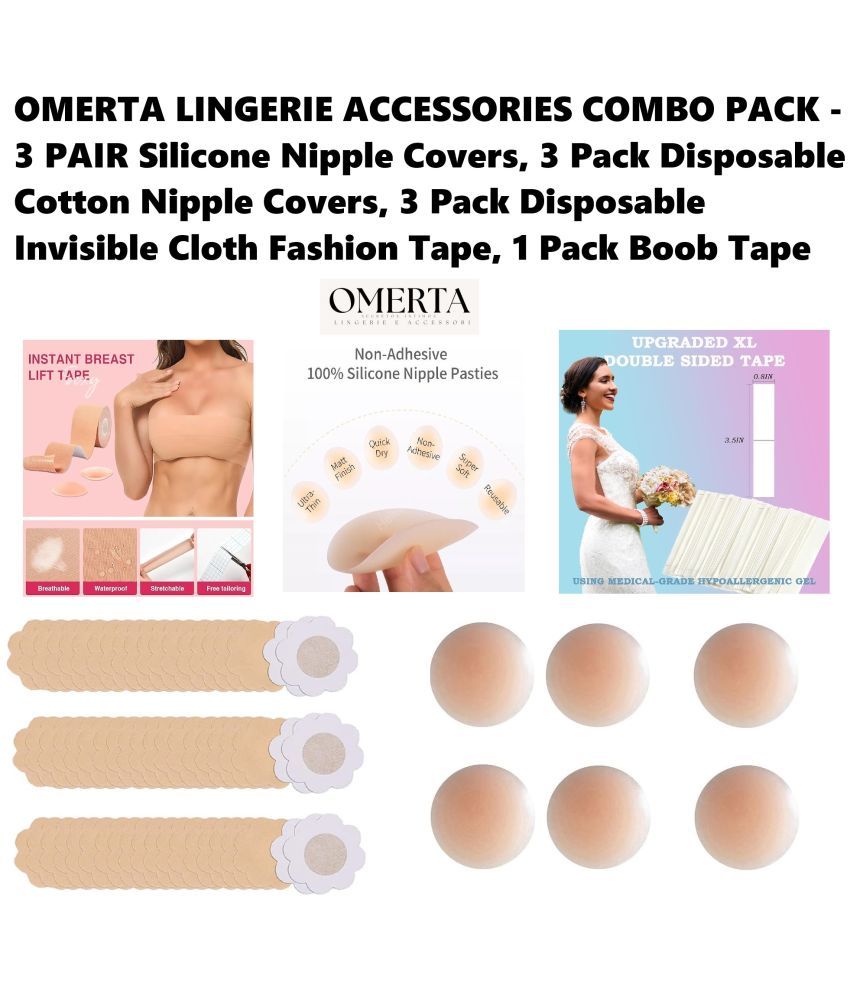     			Omerta Best Quality Cheapest Lingerie Accessories Combo - Breast Lift Boob Tape (1), Flix 10 Times Reusable Silicone Nipple Cover (3 Pair), Disposable Cotton Nipple Cover (3 Pack) & Double Side Invisible Fashion Body Tape (3 Pack)