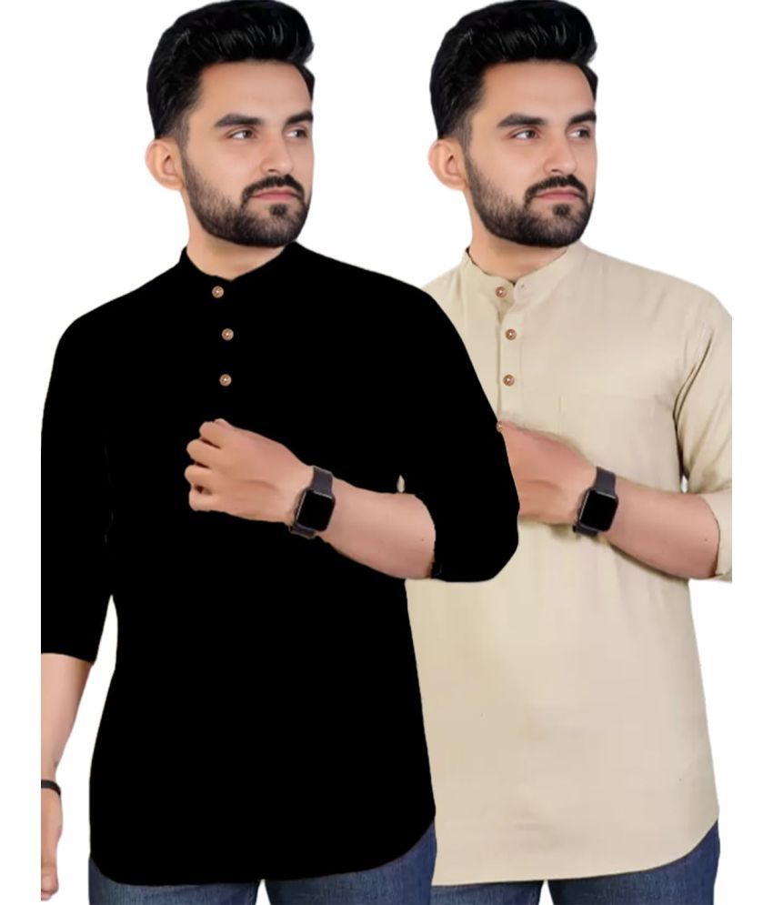     			UNI VIBE Beige Cotton Men's Shirt Style Kurta ( Pack of 2 )