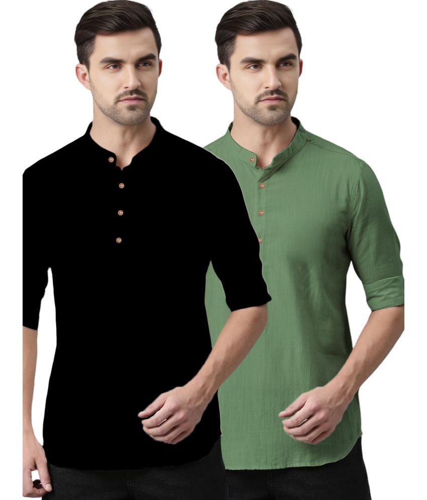     			UNI VIBE Light Green Cotton Men's Shirt Style Kurta ( Pack of 2 )