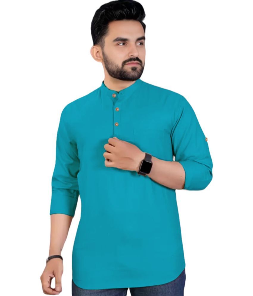     			UNI VIBE Turquoise Cotton Men's Shirt Style Kurta ( Pack of 1 )