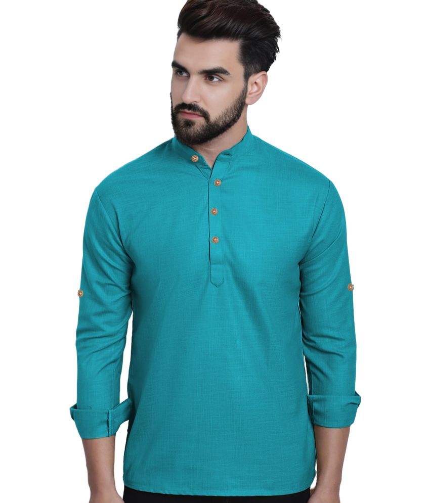     			UNI VIBE Turquoise Cotton Men's Shirt Style Kurta ( Pack of 1 )