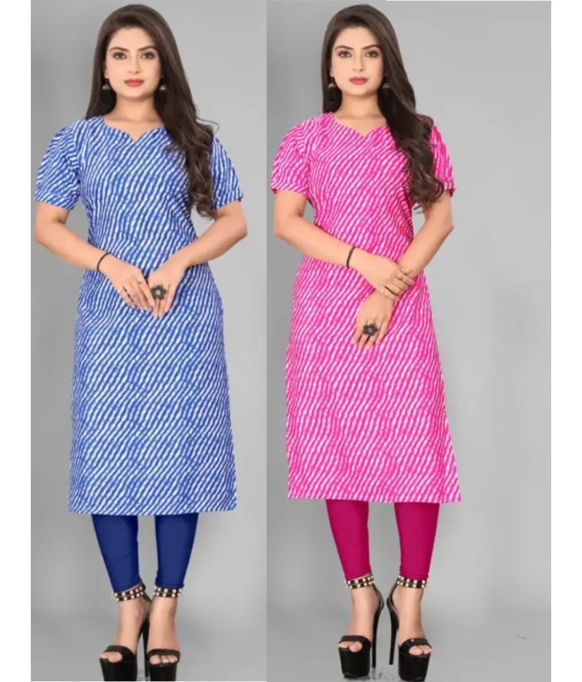     			VACHHARAJ GROUP Pack of 2 Crepe Printed Straight Women's Kurti - ( Blue,Fluorescent Pink )