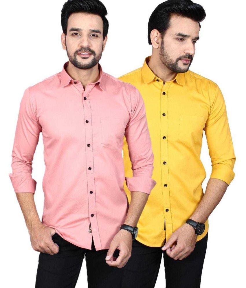     			Fatty Mouse Cotton Blend Regular Fit Solids Full Sleeves Men's Casual Shirt - Yellow ( Pack of 2 )