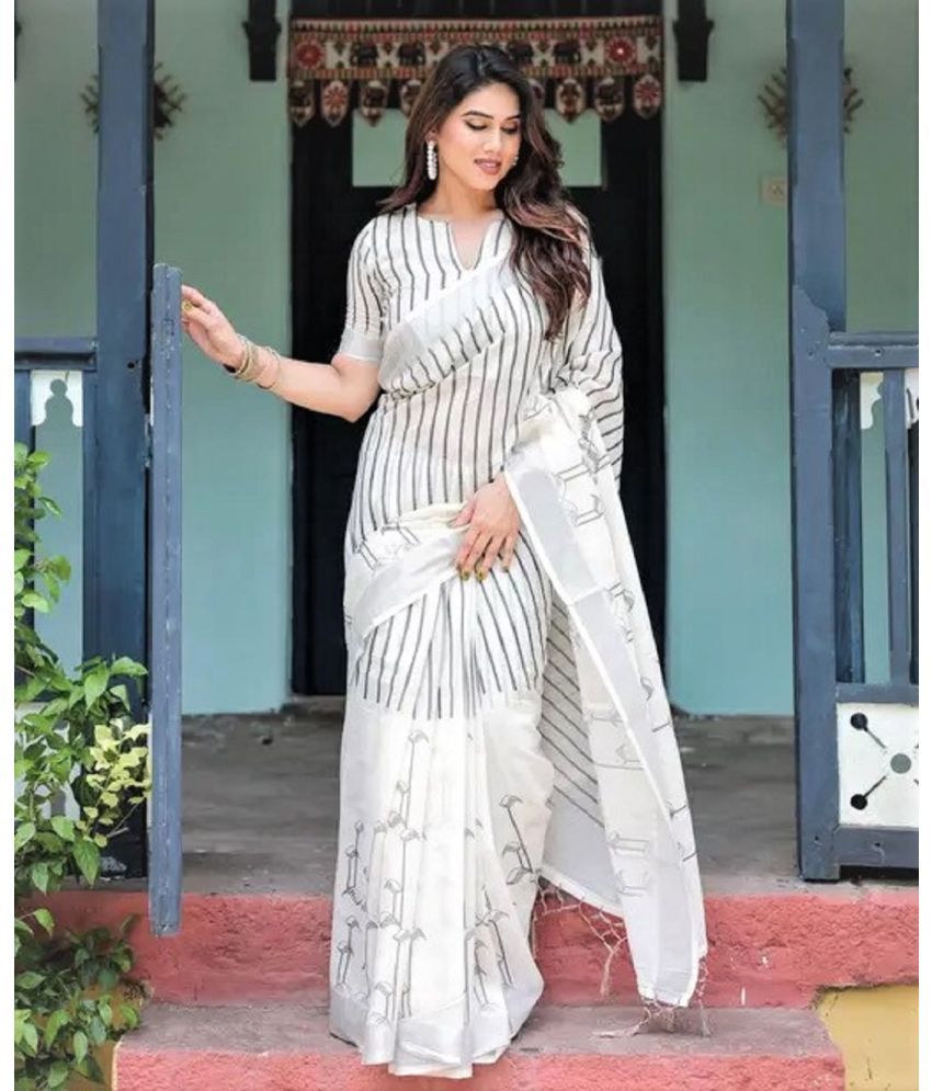     			JILUDI Cotton Striped Saree With Blouse Piece ( White , Pack of 1 )