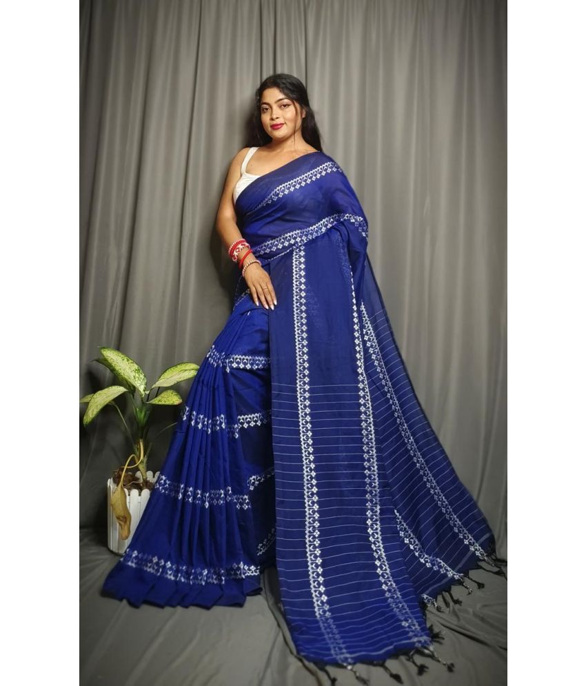     			SARADA HANDLOOM Cotton Printed Saree With Blouse Piece ( Blue , Pack of 1 )