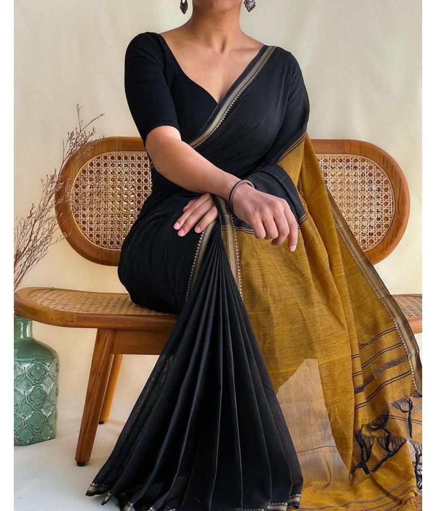     			SARADA HANDLOOM Cotton Solid Saree With Blouse Piece ( Black , Pack of 1 )