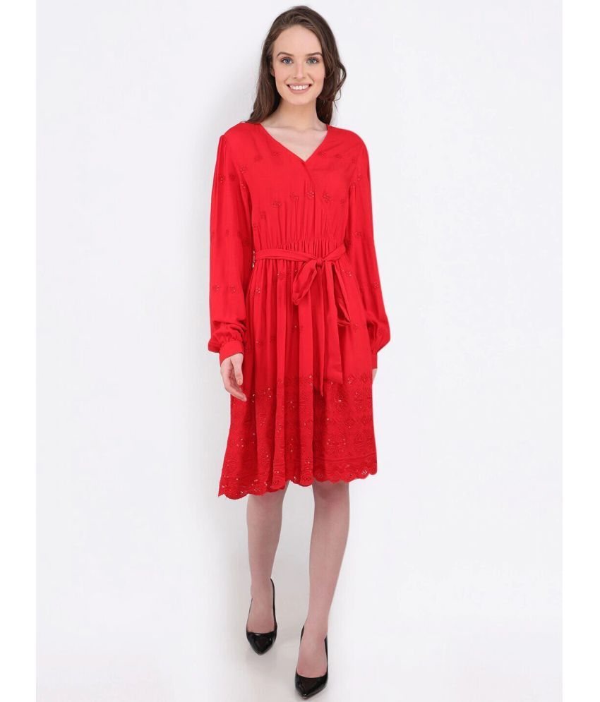     			marc louis Viscose Rayon Printed Knee Length Women's Fit & Flare Dress - Red ( Pack of 1 )