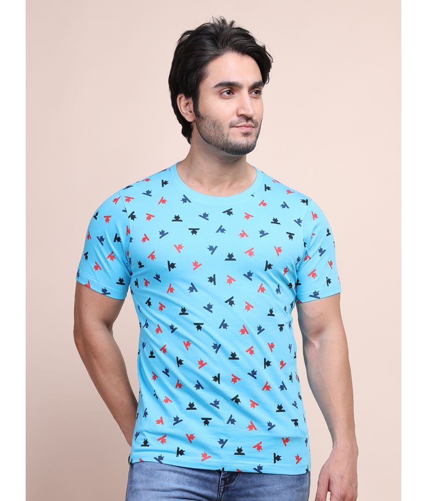     			BERRYBLUES Cotton Blend Regular Fit Printed Half Sleeves Men's Round T-Shirt - Sky Blue ( Pack of 1 )