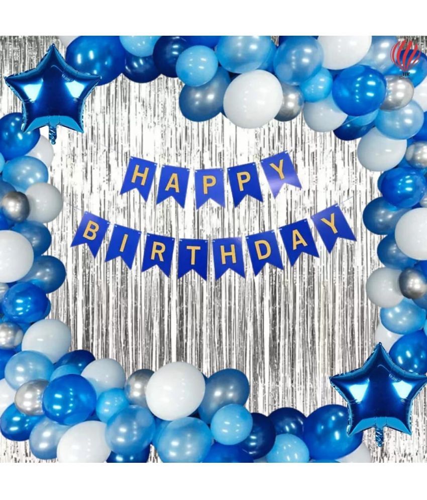     			HK balloons 72 Pcs birthday decoration items for boys Party Decorations Set with silver foil Curtains metallic balloons and blue banner for husband , boys birthday decorations