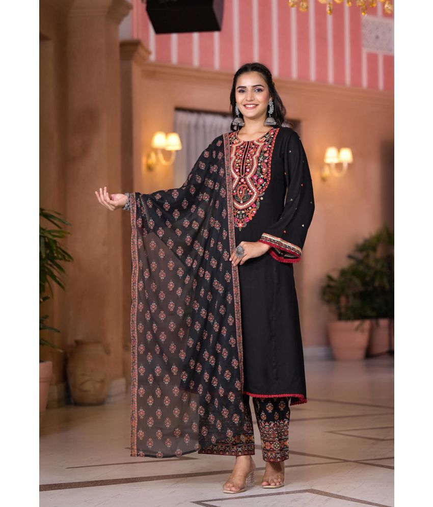     			Juniper Rayon Embroidered Kurti With Palazzo Women's Stitched Salwar Suit - Black ( Pack of 3 )