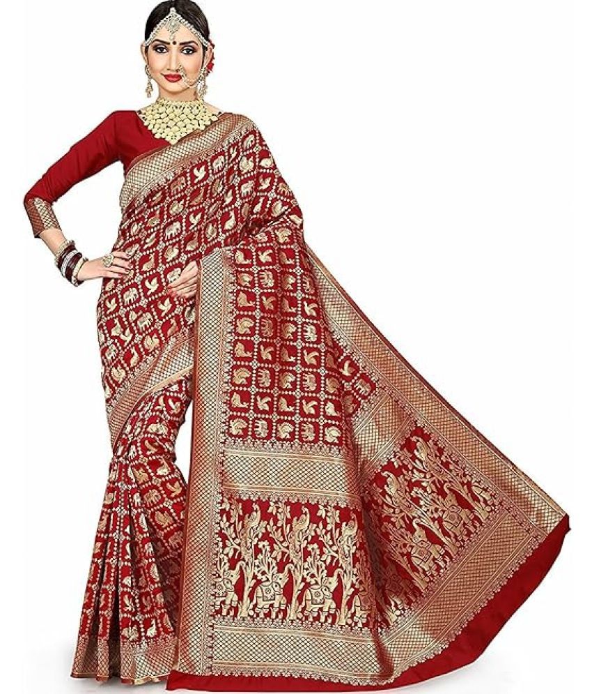     			Saadhvi Silk Woven Saree With Blouse Piece ( Red , Pack of 1 )