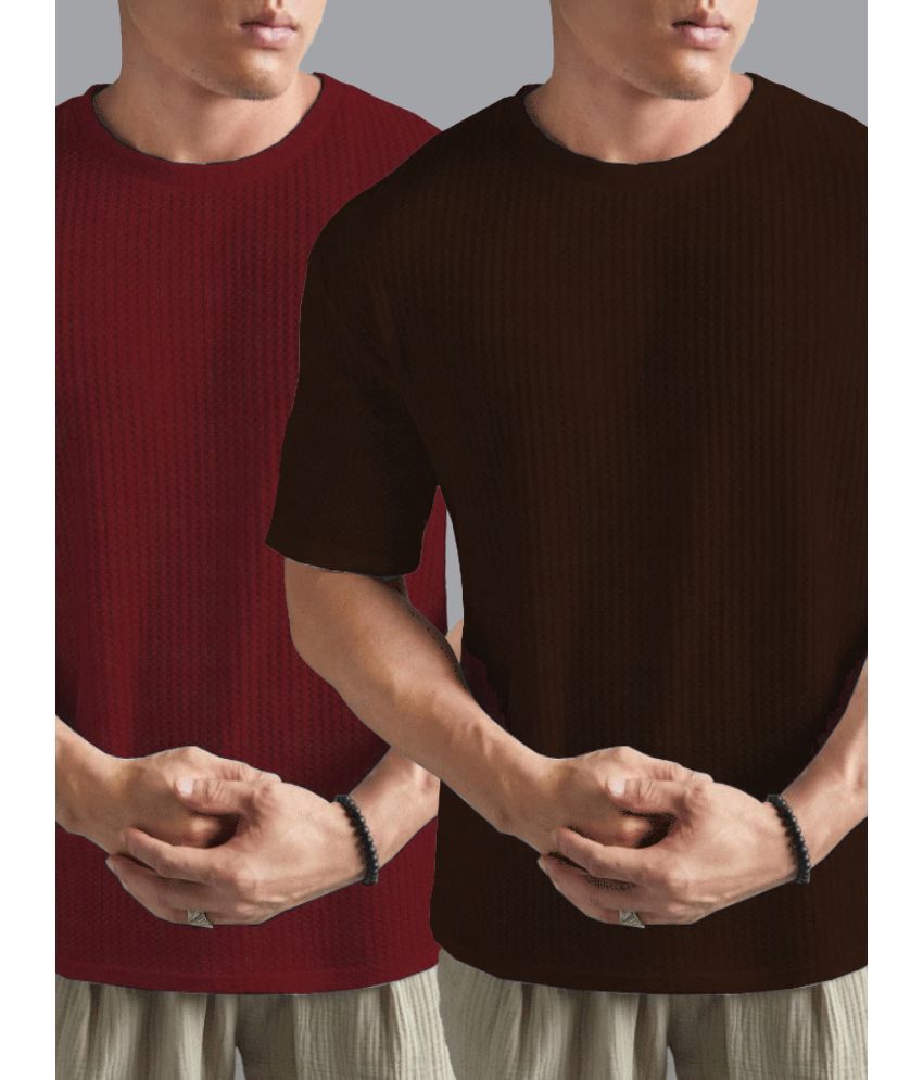     			AIN6 Cotton Blend Regular Fit Self Design Half Sleeves Men's Round T-Shirt - Brown ( Pack of 2 )