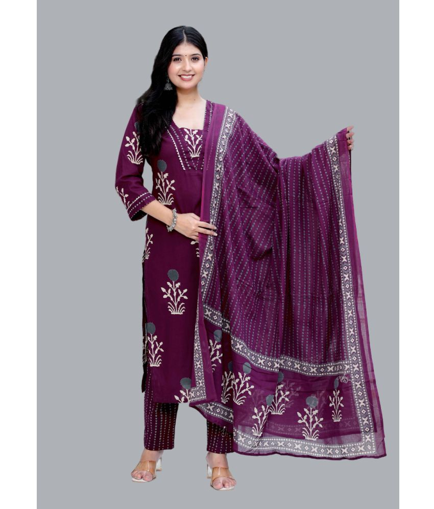     			Angiya Cotton Printed Kurti With Pants Women's Stitched Salwar Suit - Purple ( Pack of 1 )