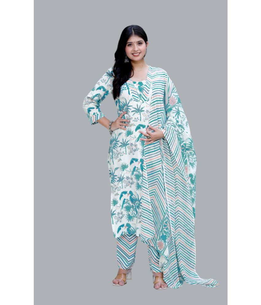     			Angiya Cotton Printed Kurti With Pants Women's Stitched Salwar Suit - Light Green ( Pack of 1 )