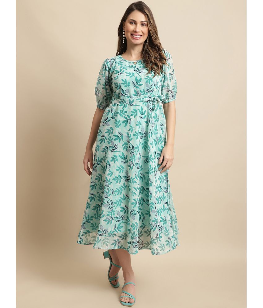     			Fabflee Georgette Printed Calf-Length Women's A-line Dress - Sea Green ( Pack of 1 )